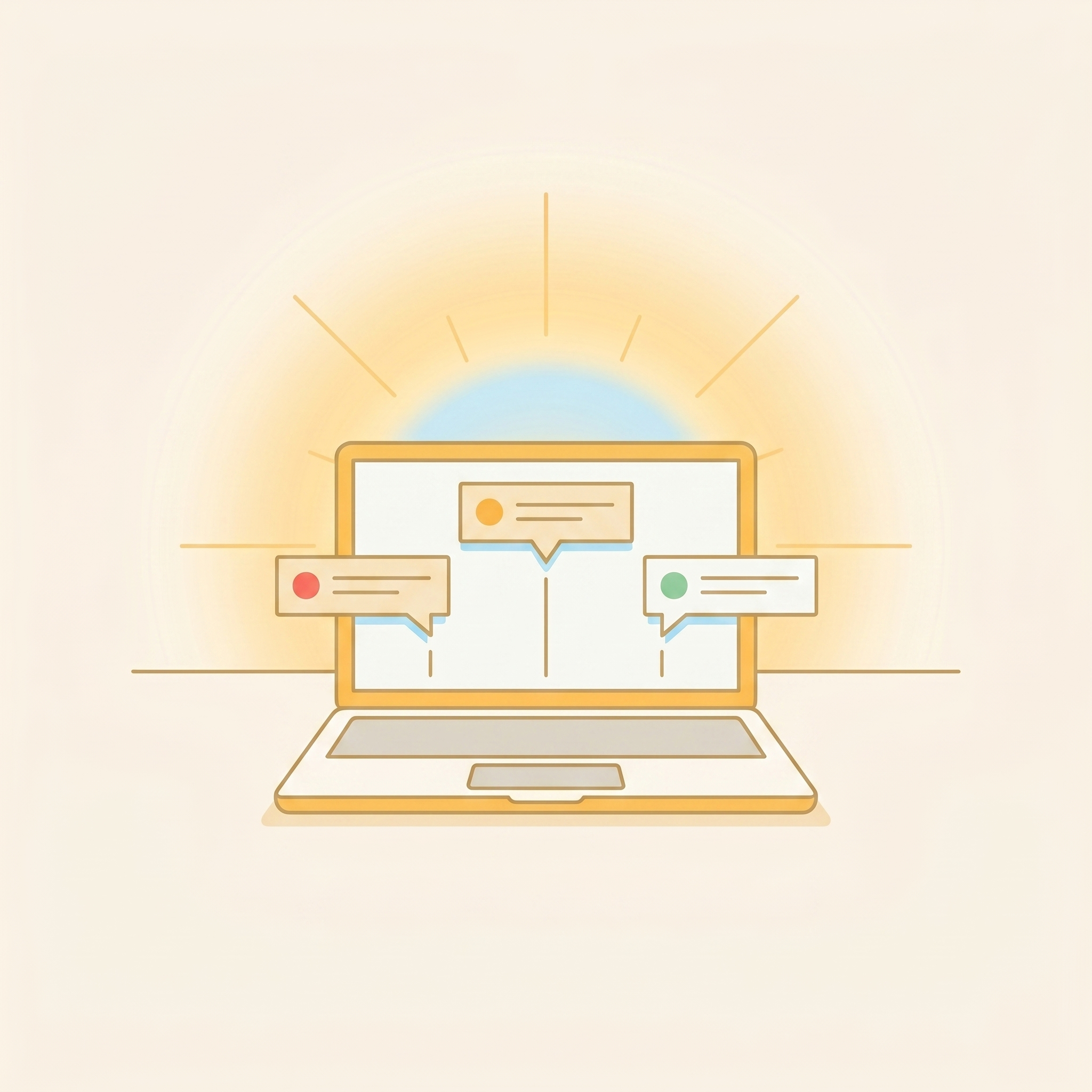 Laptop with notification cards rising from the screen at sunrise