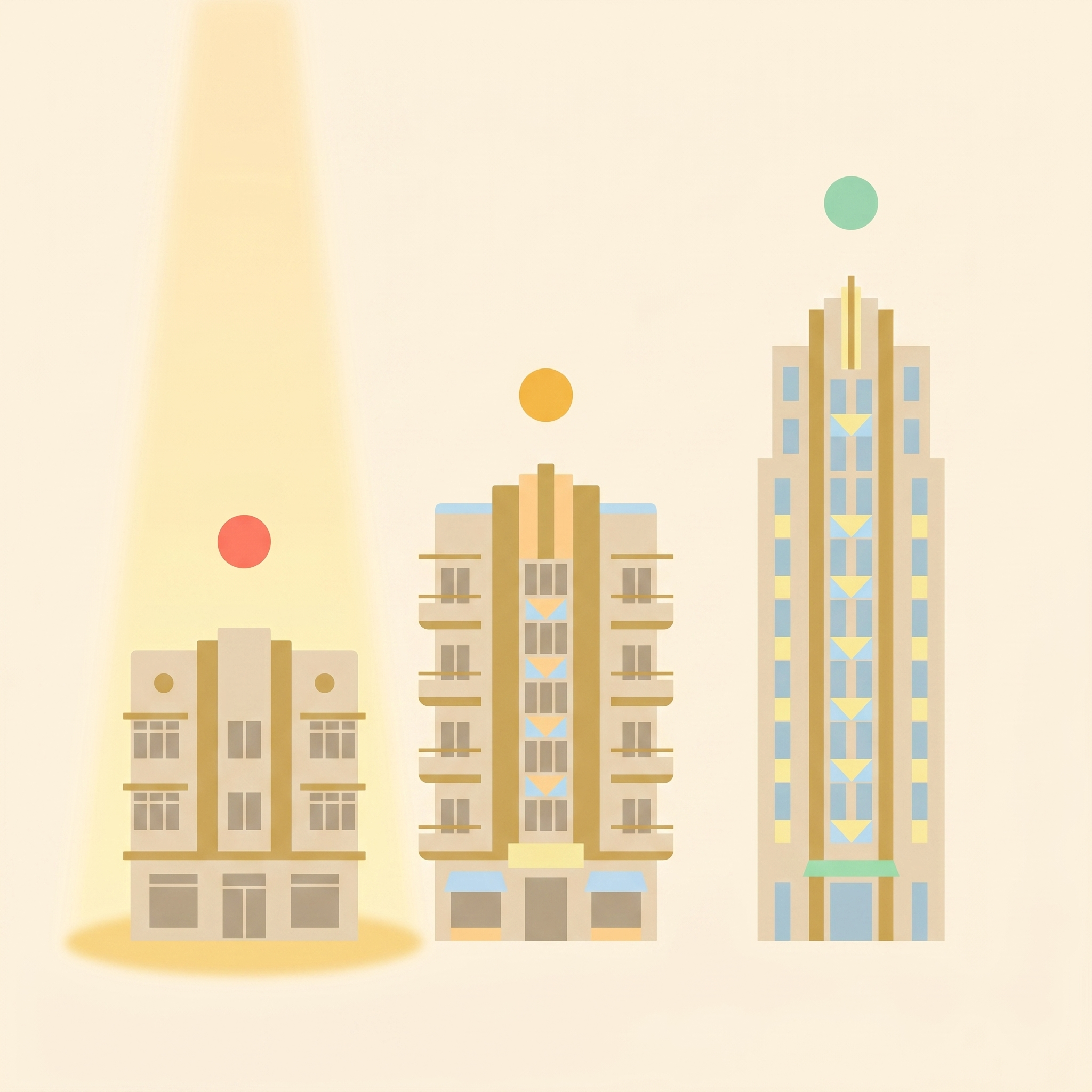 Three buildings with colored status indicators showing portfolio urgency at a glance
