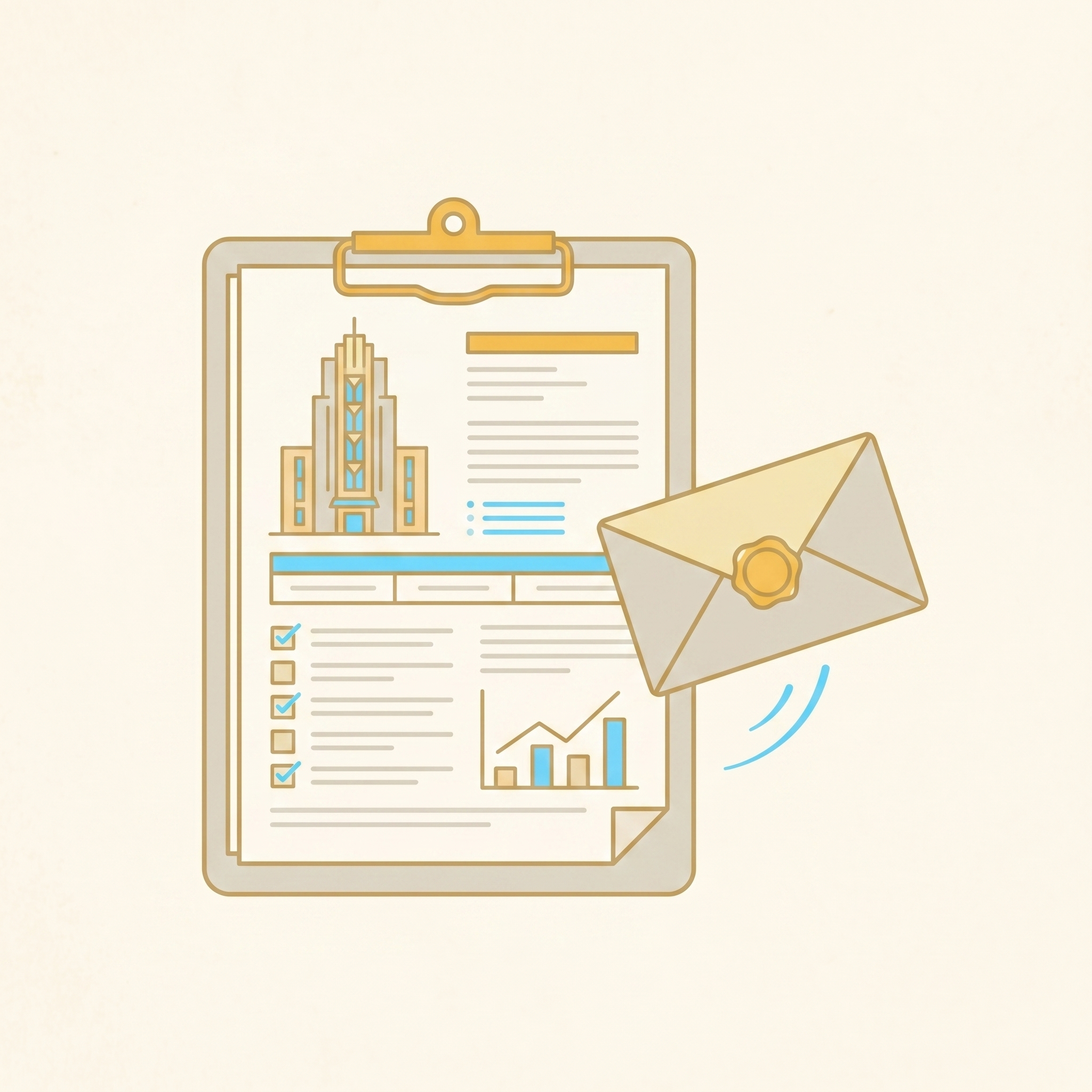 Clipboard report with a sealed envelope ready to send